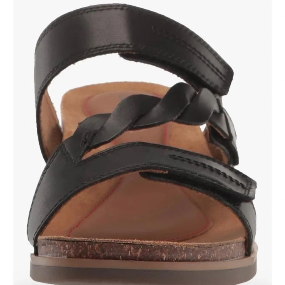 Cobb Hill Black Leather Braided Adjustable Cork Wedge Slide Sandals Womens‎ 8.5